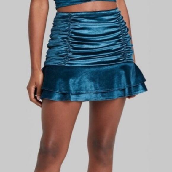 wild fable Dresses & Skirts - NWT Wild Fable Mini Skirt Womens L Teal Blue Velvet Ruched Ruffle Y2K Going Out